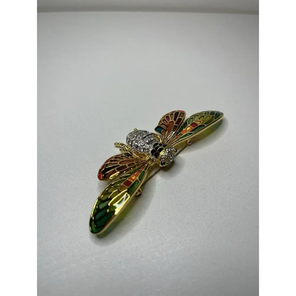 VTG Joan Rivers Stained Glass Crystal Plique-a-Jour Cicada Bug Brooch Pin